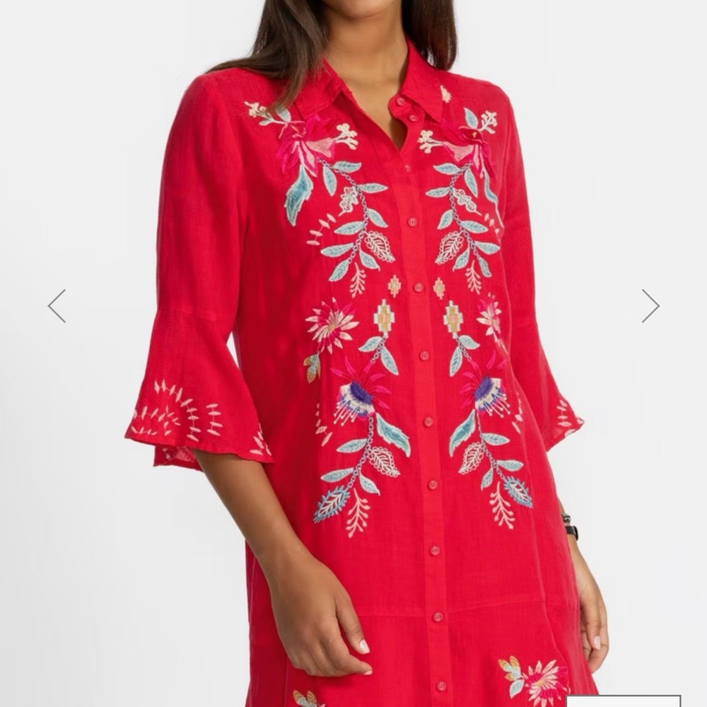 Johnny Was red "Tiered Flounce Dress" with embroidery, XXL